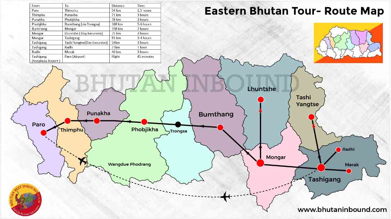 Eastern Bhutan Tour Map